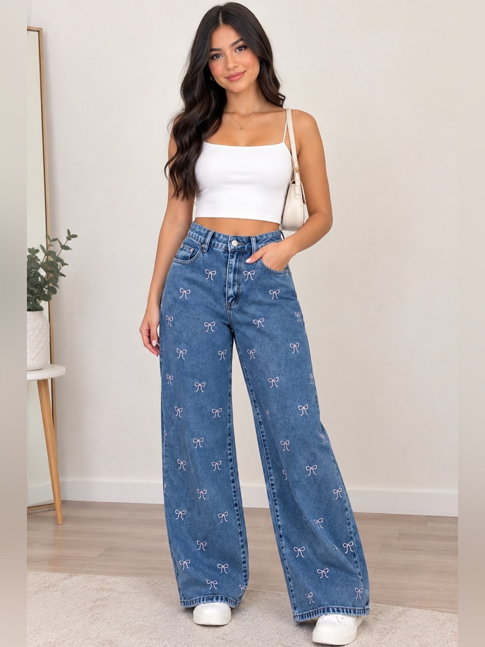 J for Justify Blue Wide-Leg Embroidered Bow Jeans